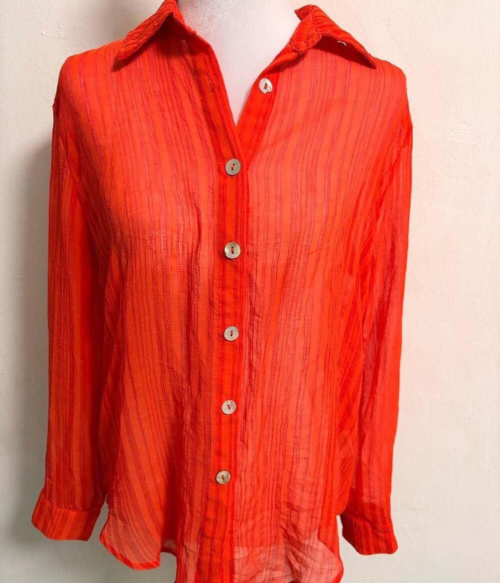 Princess Polly Red Orange Sheer Crinkle Button Front Blouse Long Sleeve Boho SML